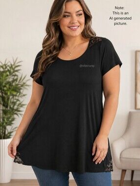 Bella Il Fiore size XL Black Short Sleeve Top W Lace Panels At Shoulder & Hem